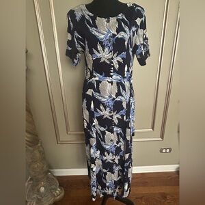 UNO Navy Floral Rayon Button Front Short Sleeve Tie Waist Maxi Dress Size Medium